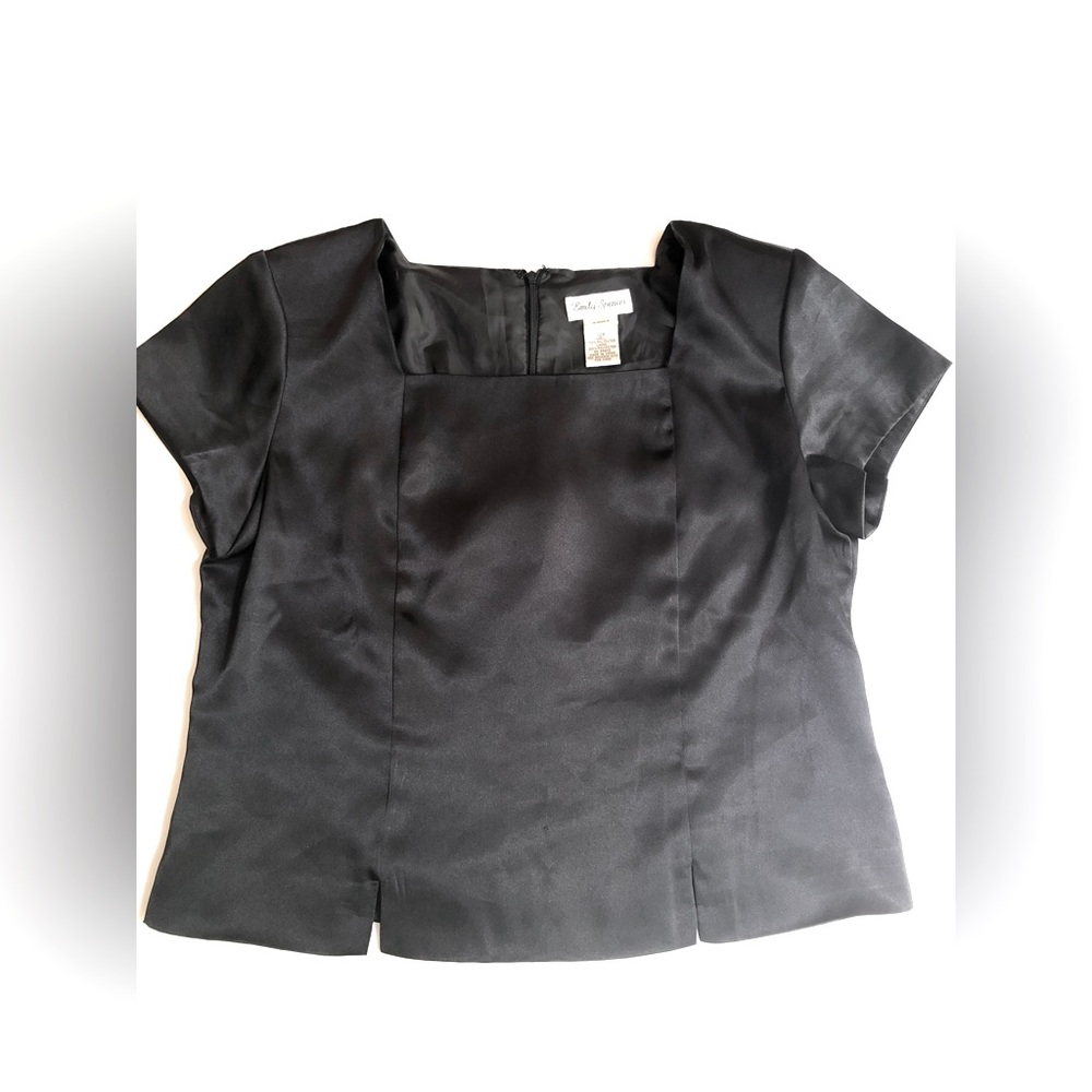 Emily Spencer Black Satin Short Top 80’s/90’s W/ Shoulder Pads
